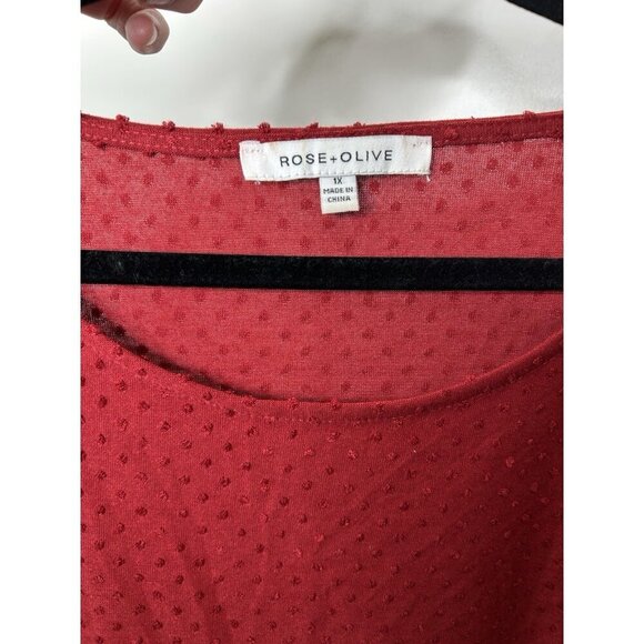 Rose + Olive Women’s Top Plus Red 3/4 Ruffle Sleeve Dots Relaxed Size 1X - Picture 11 of 12
